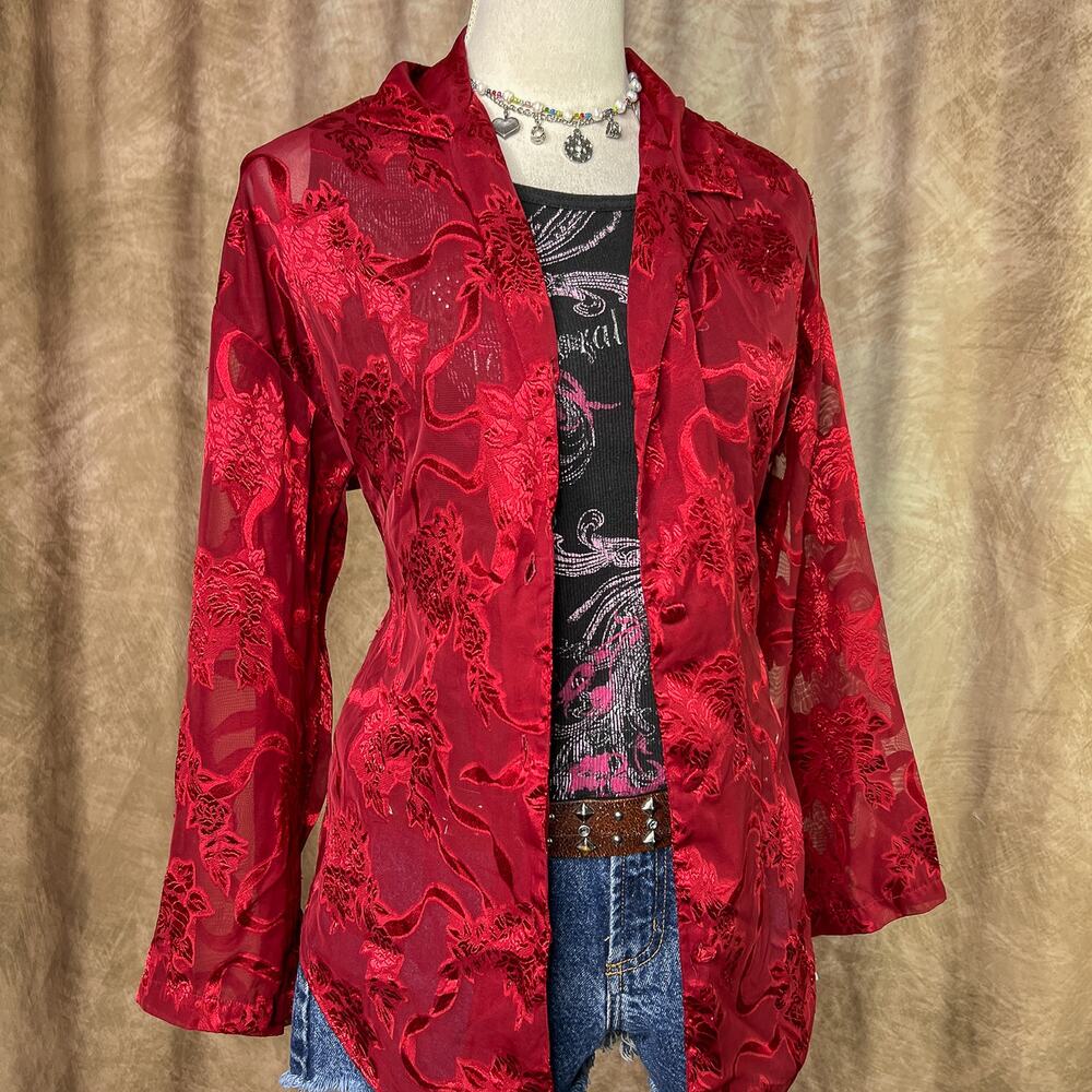 Vintage Satin Button Up Shirt Victoria's Secret Gold Label 90s Sheer Red Rose